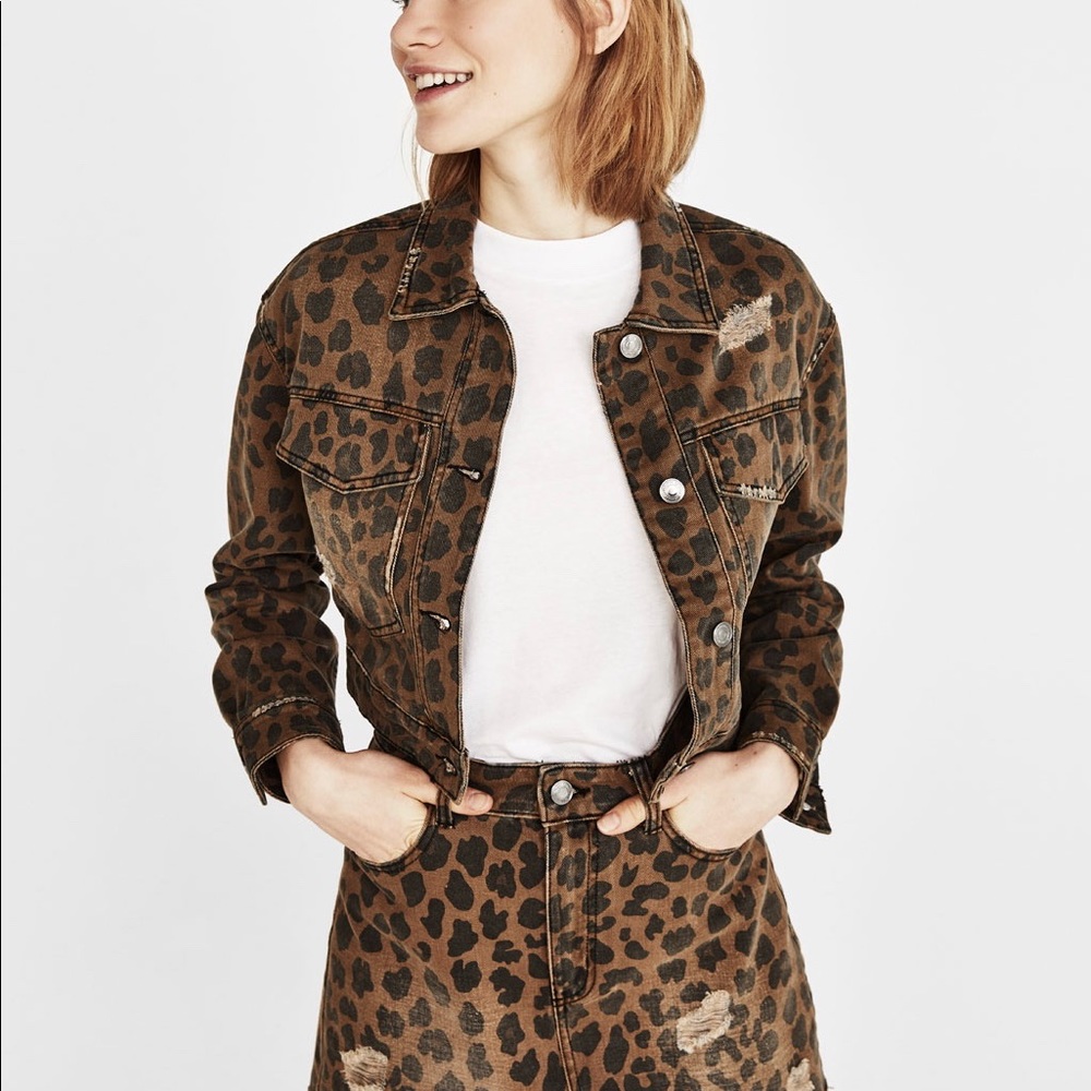 Bershka Leopard Distressed Denim Jacket